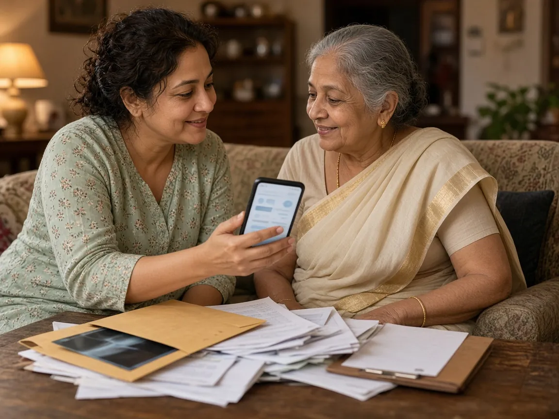 A daughter showing her mother their health records on a phone, with old paper reports on the table