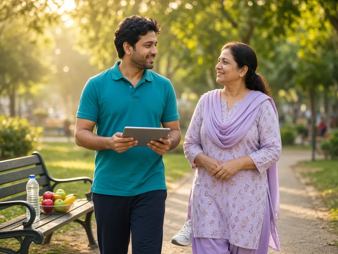 A health coach walking with a woman in a park, talking through her weekly plan
