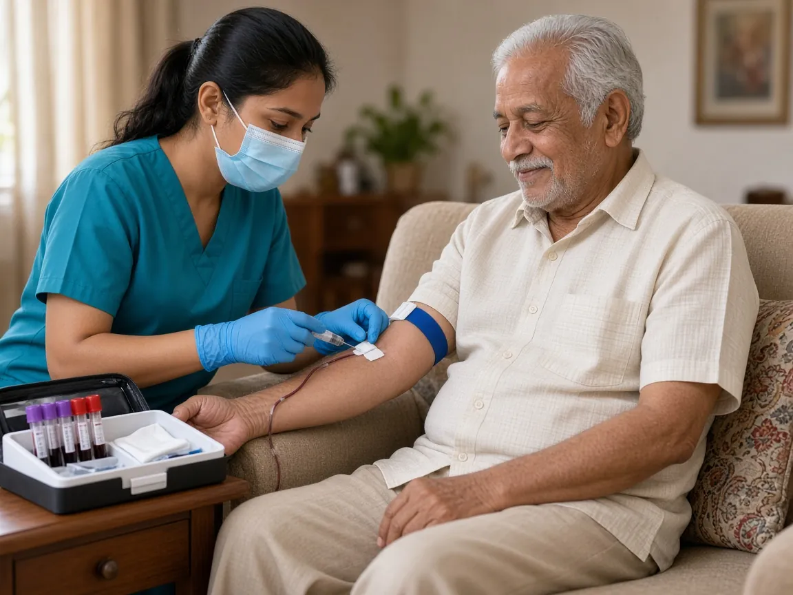 A phlebotomist collecting a blood sample from an elderly man at home