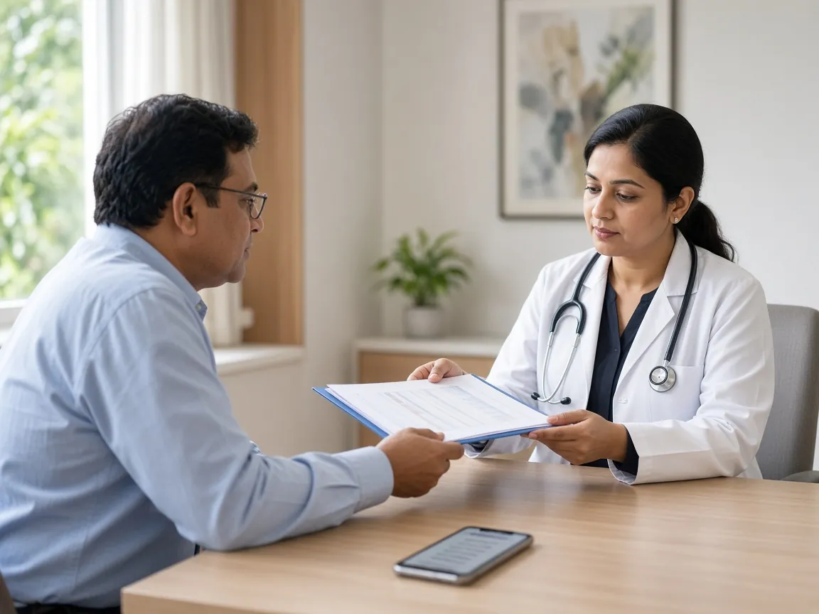 A patient handing his report folder to a specialist doctor at her desk